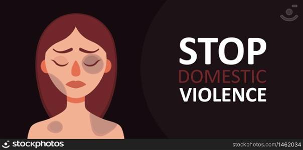 Sad woman with bruises and wounds on a dark background.Concept of domestic violence,sexual abuse in family,bullying,aggression on women.Banner for web site,social media.Vector cartoon illustration