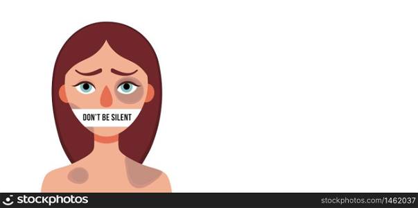 Sad woman with bruises wounds with closed mouth on white background.Concept of domestic violence, sexual abuse in family,bullying,silence,fear .Banner web site,social media.Vector cartoon illustration