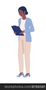 Sad woman with clipboard semi flat color vector character. Editable figure. Full body person on white. Employee simple cartoon style illustration for web graphic design and animation. Sad woman with clipboard semi flat color vector character