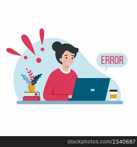 Sad woman working on laptop from home. Error messa≥. Vector cartoon character.