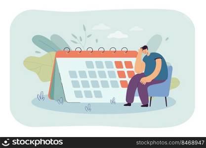 Sad worker or student sitting on chair in front of big calendar. Male cartoon character thinking about work flat vector illustration. Deadline, organization, stress concept for banner, website design