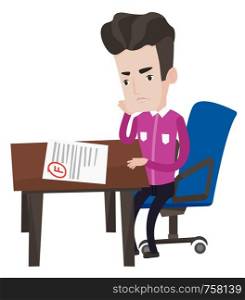 Sad young student looking at test paper with bad mark. Student disappointed test with F grade. Student dissatisfied with the test results. Vector flat design illustration isolated on white background.. Sad student looking at test paper with bad mark.