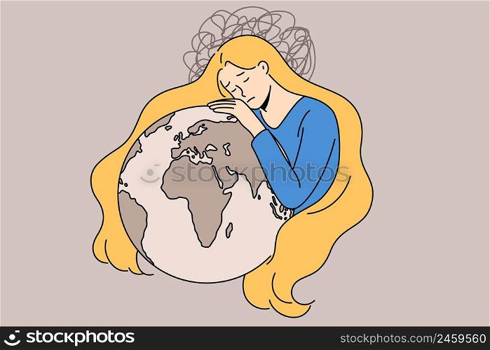 Sad young Ukrainian woman in national colors hug planet Earth stand for peace in Ukraine. Upset girl mourn and grief for land. Stop war, stop Russian aggression. Flat vector illustration. . Sad Ukrainian woman hug planet earth 