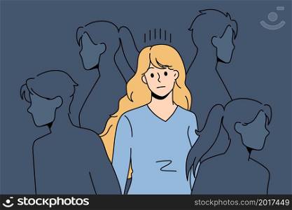 Sad young woman surrounded by people silhouettes feel lonely in society suffer from lack of communication. Upset girl struggle with loneliness and solitude in crowd. Outcast. Vector illustration.. Sad woman feel lonely in crowd
