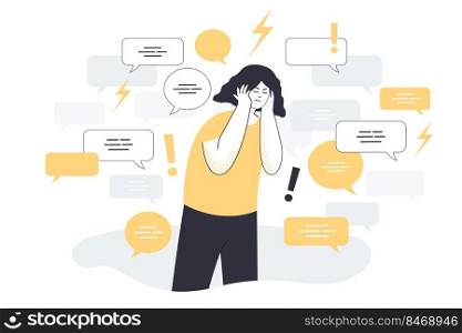 Sad young woman surrounded by speech bubbles covering ears with hands to stop information noise. Social media telling news full of hoax flat vector illustration. Disinformation, advertising concept