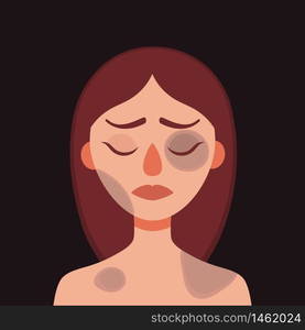 Sad young woman with bruises and wounds on a dark background.Concept of domestic violence, sexual abuse in the family, bullying, social problem, aggression against women.Vector cartoon illustration