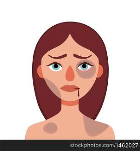 Sad young woman with bruises and wounds on a white background.Concept of domestic violence, sexual abuse in the family, bullying, social problem, aggression against women.Vector cartoon illustration