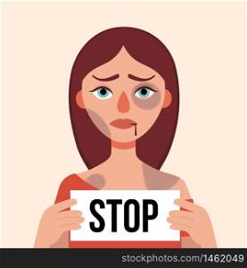 Sad young woman with bruises and wounds on a white background.Holding leaf with words Stop.Concept domestic violence, sexual abuse in the family, bullying,aggression women.Vector cartoon illustration