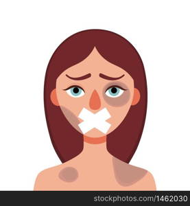 Sad young woman with bruises and wounds with a closed mouth on a white background.Concept of domestic violence, sexual abuse in the family, bullying, silence and fear .Vector cartoon illustration