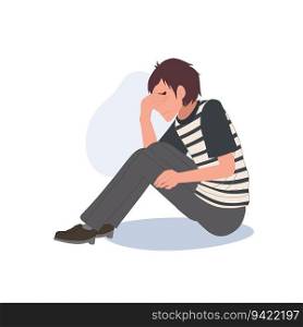 Sadness and Loneliness concept. Worried Man Sitting Alone with Sadness, Anxiety, and Troubled Thoughts. Flat vector cartoon illustration