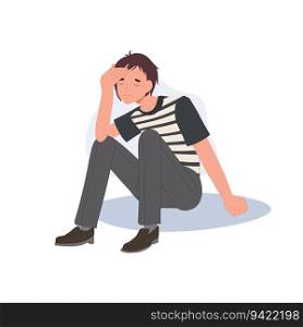 Sadness and Loneliness concept. Worried Man Sitting Alone with Sadness, Anxiety, and Troubled Thoughts. Flat vector cartoon illustration