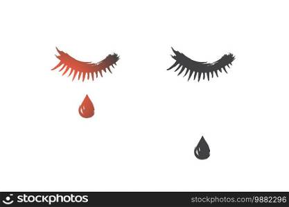 Sadness concept. Hand drawn closed eyes with a teardrop on face. Tear runs down on cheek isolated vector illustration.. Sadness concept. Hand drawn isolated vector.