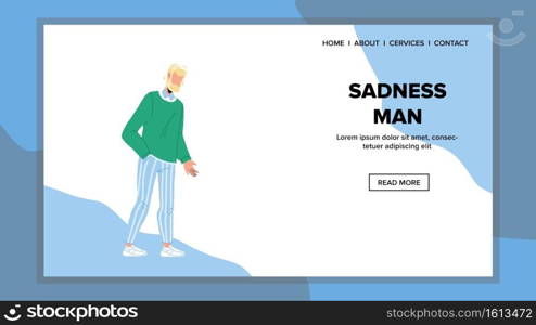 Sadness Pensive Bearded Man Staying Alone Vector. Sadness And Unhappy Expression Guy. Depressed And Stressed Character Businessman With Negative Emotion Web Flat Cartoon Illustration. Sadness Pensive Bearded Man Staying Alone Vector