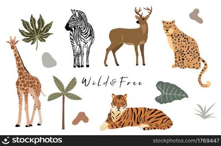 Safari animal object collection with leopard,tiger,zebra,giraffe. illustration for icon,sticker,printable