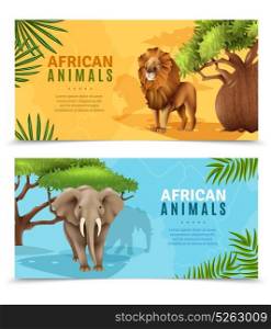 Safari Animals Horizontal Banners . Safari animals horizontal banners with elephant and lion symbols on african trees background cartoon vector illustration