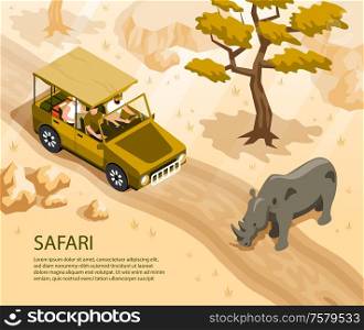 Safari car with tourists and rhino crossing road 3d isometric vector illustration