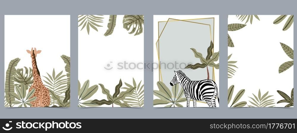 Safari collection with giraffe and zebra are standing on white background