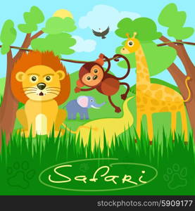 Safari concept. Cute african safari animals cartoon characters scene on background with trees. Cute african safari animals