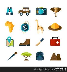 Safari expedition icons set with compass map camera car isolated vector illustration