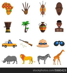 Safari flat icons set with african animals and hunting equipment isolated vector illustration. Safari Icons Set