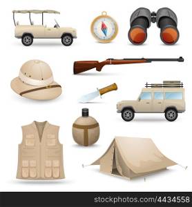 Safari Icons For Hunting. Safari icons for savanna hunting with tourist ammunition isolated vector illustration