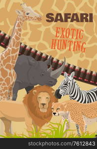 Safari in Africa, hunting for wild African animals. Vector cartoon lion and wild rhino, giraffe and cheetah, zebra. Savannah predators and herbivores, bandolier. Hunting sport, safari adventure tour. Safari hunting in Africa, wild animals vector