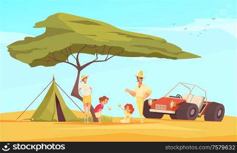 Safari jeep travel adventures flat composition with family in front of tent under baobab tree vector illustration