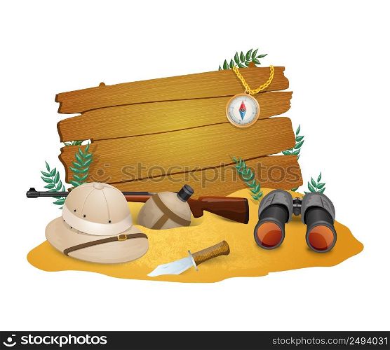 Safari poster for savanna hunting with tourist ammunition and discovery accessories vector illustration. Safari Poster For Savanna Hunting