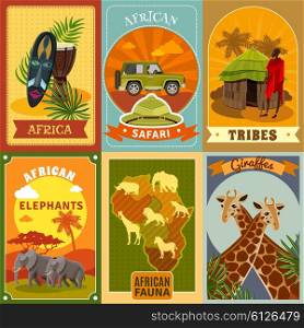 Safari Posters Set. African safari cartoon posters set with tribes and fauna symbols isolated vector illustration