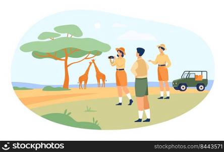 Safari tourists enjoying adventure travel, watching animals and taking pictures of African landscape, flora and fauna. Vector illustration for jeep tour in Kenya, savannah, journey concept