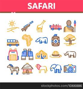 Safari Travel Collection Elements Icons Set Vector Thin Line. Animal And Africa, Car And Tree, Human Silhouette And Hat Safari Adventure Concept Linear Pictograms. Color Contour Illustrations. Safari Travel Collection Elements Icons Set Vector