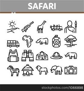 Safari Travel Collection Elements Icons Set Vector Thin Line. Animal And Africa, Car And Tree, Human Silhouette And Hat Safari Adventure Concept Linear Pictograms. Monochrome Contour Illustrations. Safari Travel Collection Elements Icons Set Vector