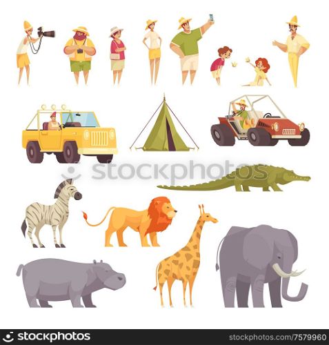 Safari travel funny flat icons collection with tourists jeep vehicle tent wild african animals isolated vector illustration