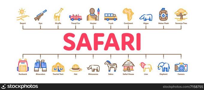 Safari Travel Minimal Infographic Web Banner Vector. Animal And Africa, Car And Tree, Human Silhouette And Hat Safari Adventure Concept Illustrations. Safari Travel Minimal Infographic Banner Vector