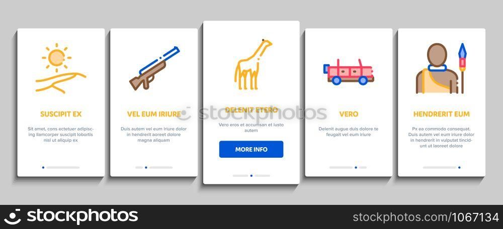 Safari Travel Onboarding Mobile App Page Screen Vector Thin Line. Animal And Africa, Car And Tree, Human Silhouette And Hat Safari Adventure Concept Linear Pictograms. Contour Illustrations. Safari Travel Onboarding Elements Icons Set Vector