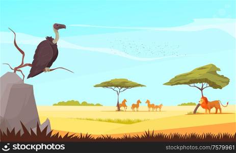 Safari travel wild animals flat composition with griffon and lion watching grazing under acacia tree antilopes vector illustration