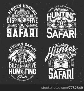 Safari tshirt prints vector hippo, buffalo, cheetah or elephant wild animals. Hunting club mascots, african animals, hunter safari society labels with heads or muzzle, apparel monochrome emblems set. Safari tshirt print vector hippo, buffalo, cheetah