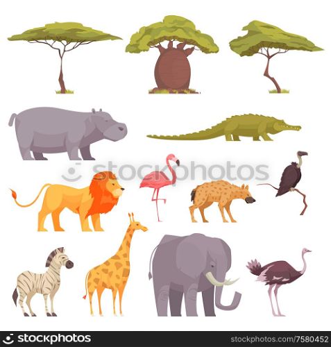 Safari wild animals birds trees flat icons collection with baobab acacia crocodile zebra flamingo lion vector illustration