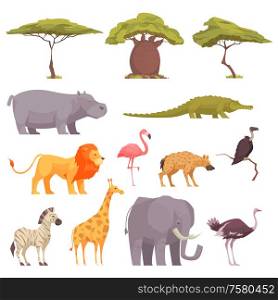 Safari wild animals birds trees flat icons collection with baobab acacia crocodile zebra flamingo lion vector illustration