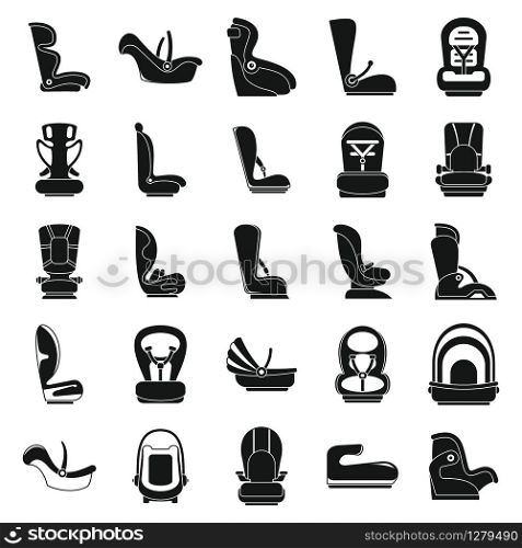 Safe baby car seat icons set. Simple set of safe baby car seat vector icons for web design on white background. Safe baby car seat icons set, simple style