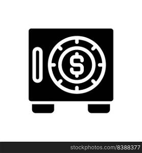Safe black glyph icon. Cash box. Secure container for storing money. Storage space. Bank savings account. Protection. Silhouette symbol on white space. Solid pictogram. Vector isolated illustration. Safe black glyph icon