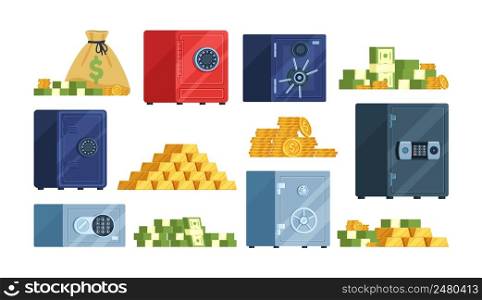 Safe boxes and money. Cartoon bank vault with banknotes, coins and gold bars, closed metal lockers with different types locks, deposit storage, various colors iron strongbox vector isolated set. Safe boxes and money. Cartoon bank vault with banknotes, coins and gold bars, closed metal lockers with different types locks, deposit storage, various colors iron strongbox vector set