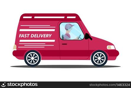 Safe, contactless delivery service door to door. Food delivery and online order concept vector for app. Man is driving van with goods. Courier illustration. Safe, contactless delivery service door to door. Food delivery and online order concept vector for app. Man is driving van with goods.