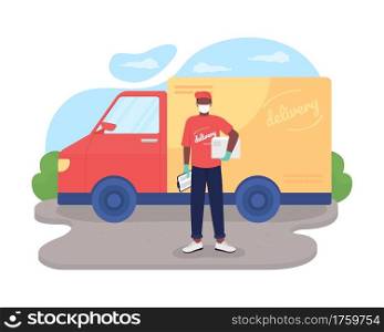 Safe delivery 2D vector web banner, poster. African american courier in mask flat characters on cartoon background. Essential service during coronavirus pandemic printable patch, colorful web element. Safe delivery 2D vector web banner, poster