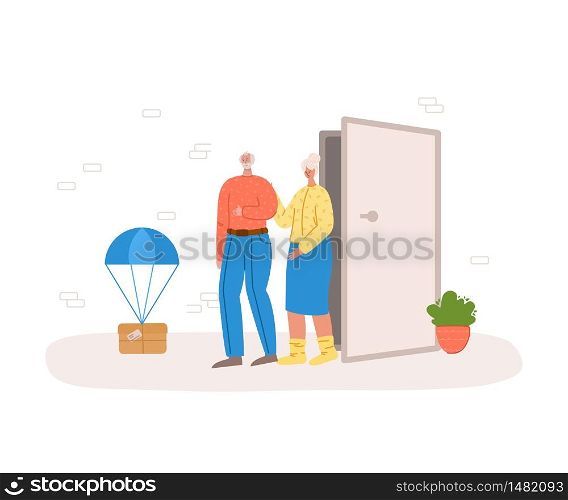 Safe delivery concept - contact less delivery of parcels to home to front door, express courier service for sineors or old people on quarantine self isolation - flat cartoon vector.. Safe delivery concept - covid-19