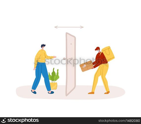 Safe delivery concept - contactless delivery of products or parcels to home to front door, express courier service with safe distance for quarantine - flat cartoon vector. Courier in mask and client. Safe delivery concept - covid-19