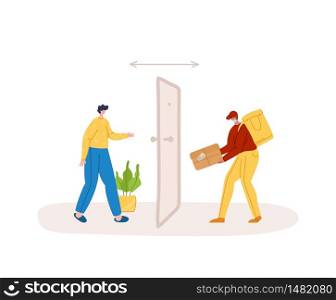 Safe delivery concept - contactless delivery of products or parcels to home to front door, express courier service with safe distance for quarantine - flat cartoon vector. Courier in mask and client. Safe delivery concept - covid-19