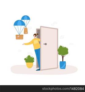 Safe delivery concept - contactless delivery of products or parcels to home to front door, express contact free courier service for quarantine self isolation - flat cartoon vector. Box with parachute. Safe delivery concept - covid-19