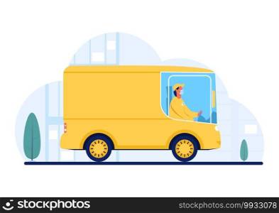 Safe delivery concept. Courier wearing a protective mask in a modern electric delivery truck. Side view. Flat vector illustration.