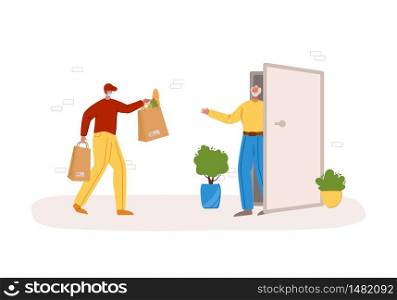 Safe delivery concept - delivery of products or parcels to home to front door, express courier service for sineors or old people on self isolation, courier man in mask - flat cartoon vector.. Safe delivery concept - covid-19